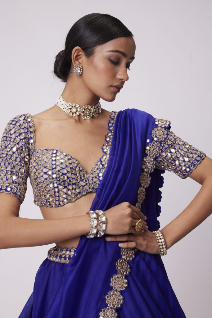 Persian Blue Organza Hand Embroidered Lehenga Set
