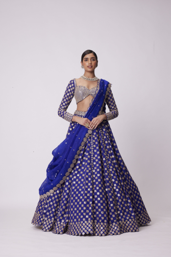 Persian Blue Mirror Flower Hand Embroidered Lehenga