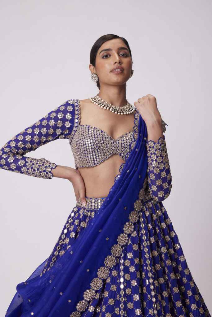 Persian Blue Mirror Flower Hand Embroidered Lehenga