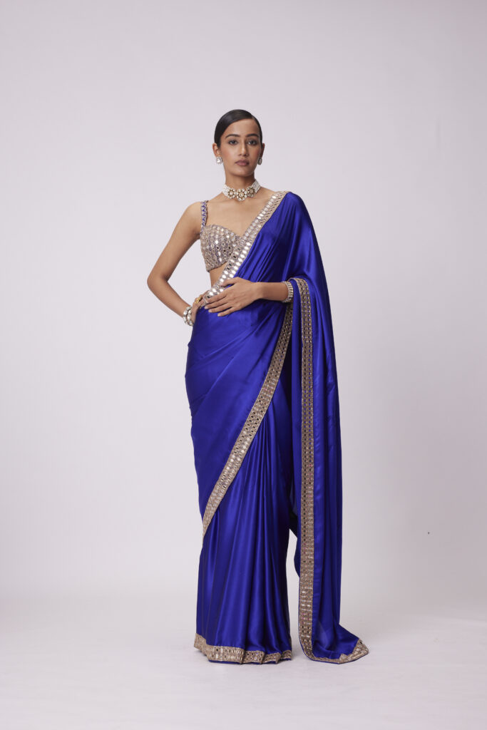 Persian Blue Hand Embroidered Satin Saree Set