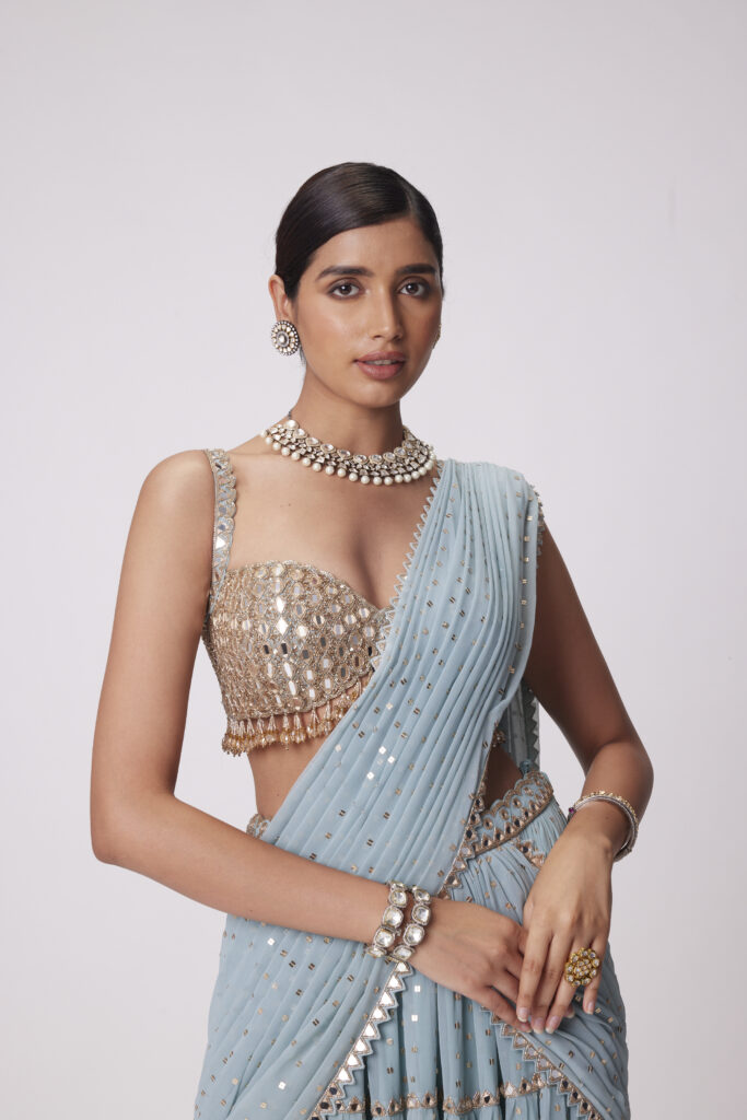 Powder Blue Multitier Saree Set