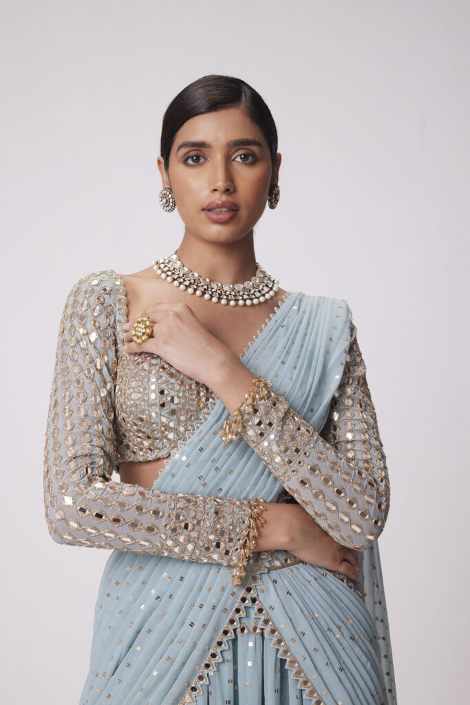 Powder Blue Multitier Hand Embroidered Saree Set