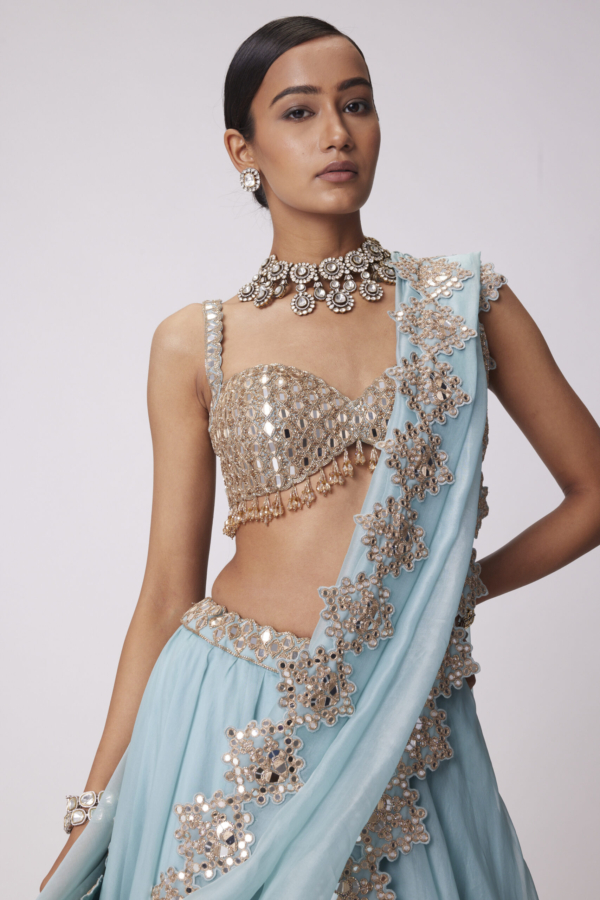 Powder Blue Organza hand Embroidered Lehenga Set
