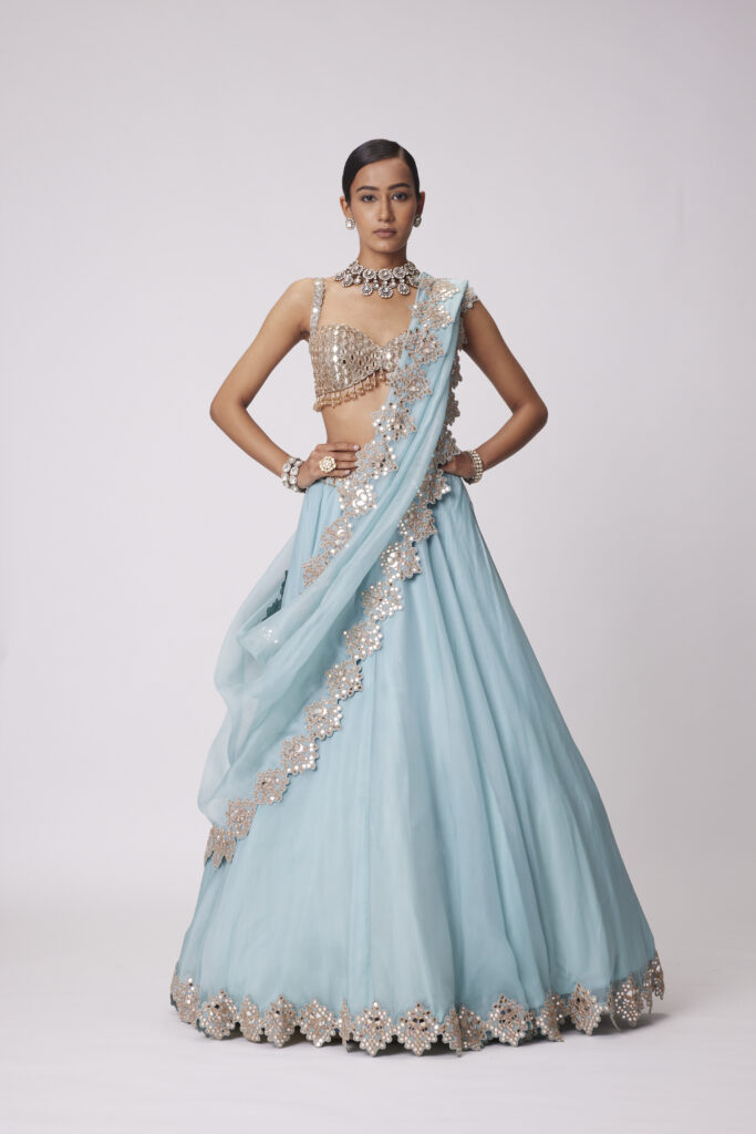 Powder Blue Organza hand Embroidered Lehenga Set