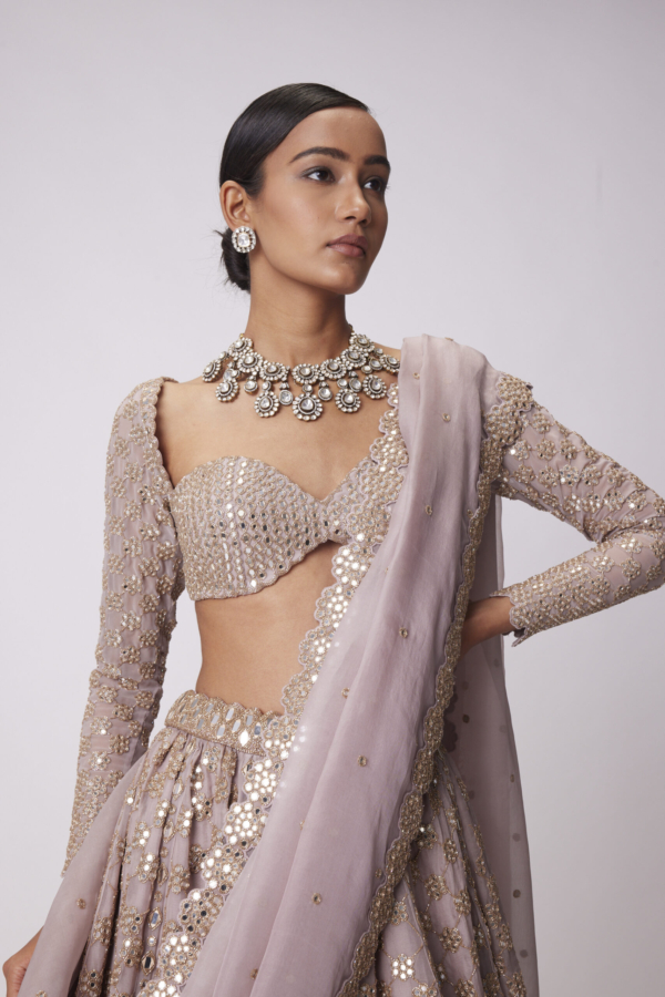 Ash Pink Flower Embroidered Lehenga Set