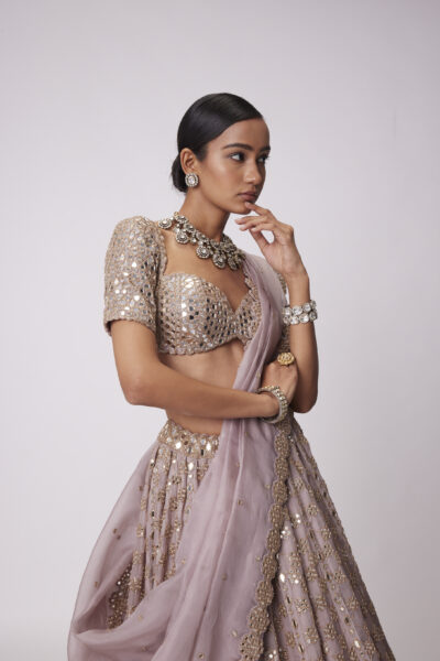 Ash Pink Mirror Flower Embroidered Lehenga Set