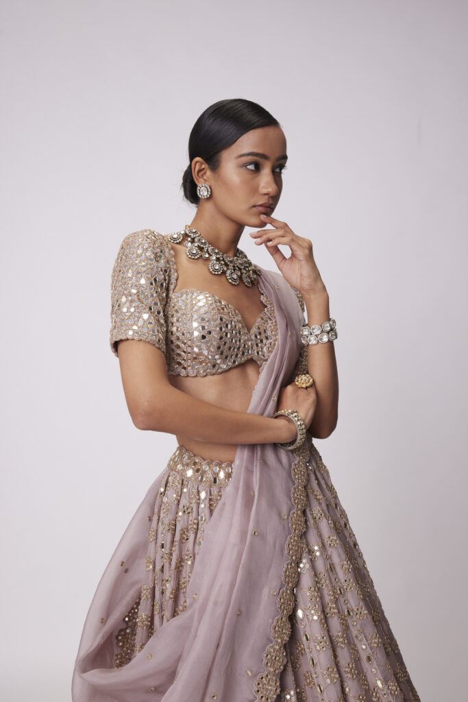 Ash Pink Mirror Flower Embroidered Lehenga Set