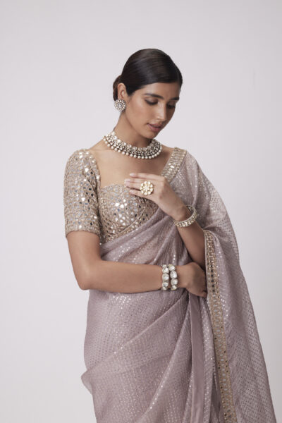 Ash Pink Organza Saree Set