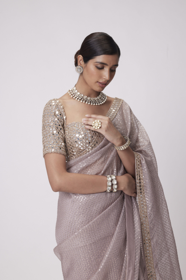 Ash Pink Organza Saree Set