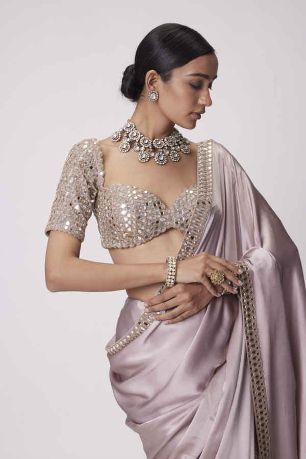 Ash pink Satin Saree Set