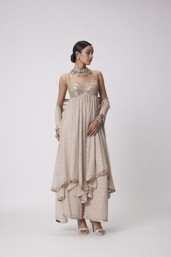 Light Beige High Low Real Hand Cut Mirror Embroidered Kurta Set