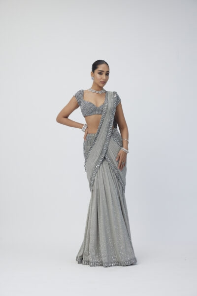 Crystal Grey Pre Draped  Saree Set