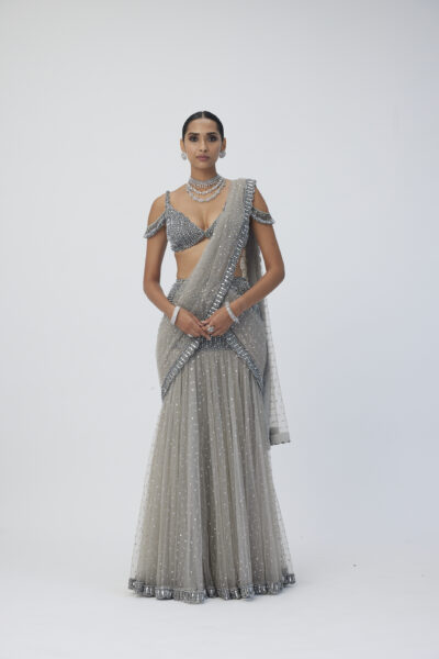Crystal Grey Sequin Scattered Pre Draped Saree Set