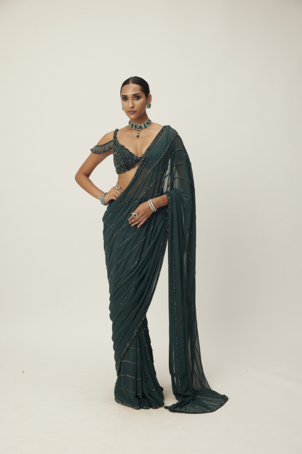 Dark Jade Green Crystal Linear Pre-Draped Embroidered Saree