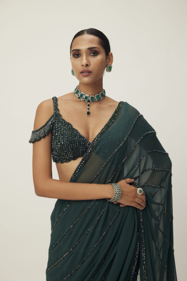 Dark Jade Green Crystal Linear Pre-Draped Embroidered Saree