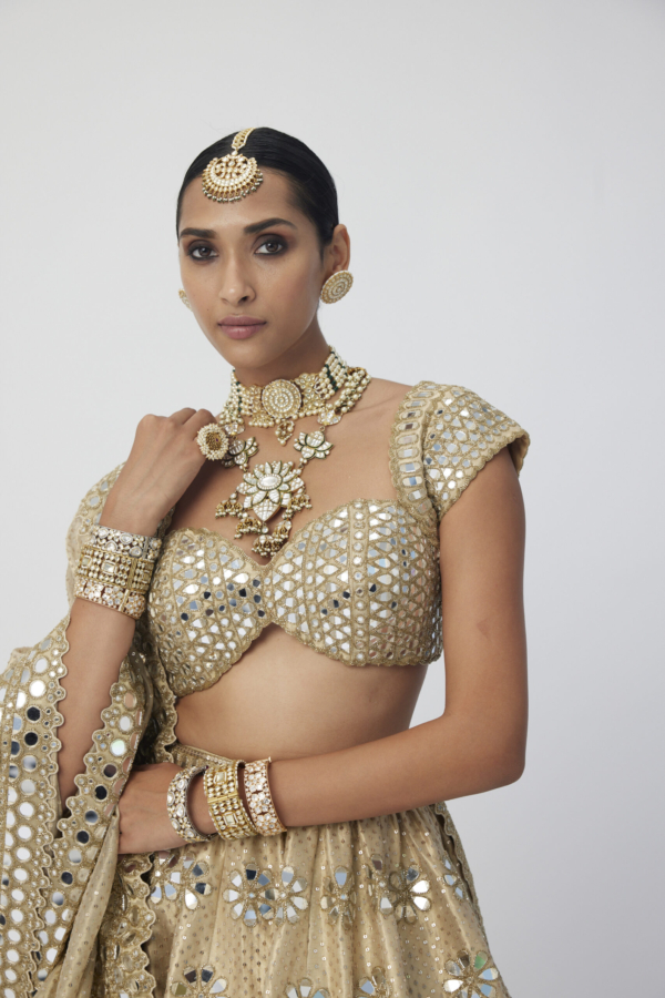 Golden Shimmer Organza Flower Lehenga Set