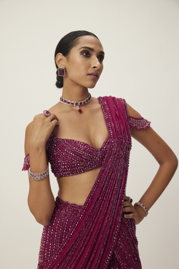 Ruby Red Pre Draped Crystal Embellished Saree Set