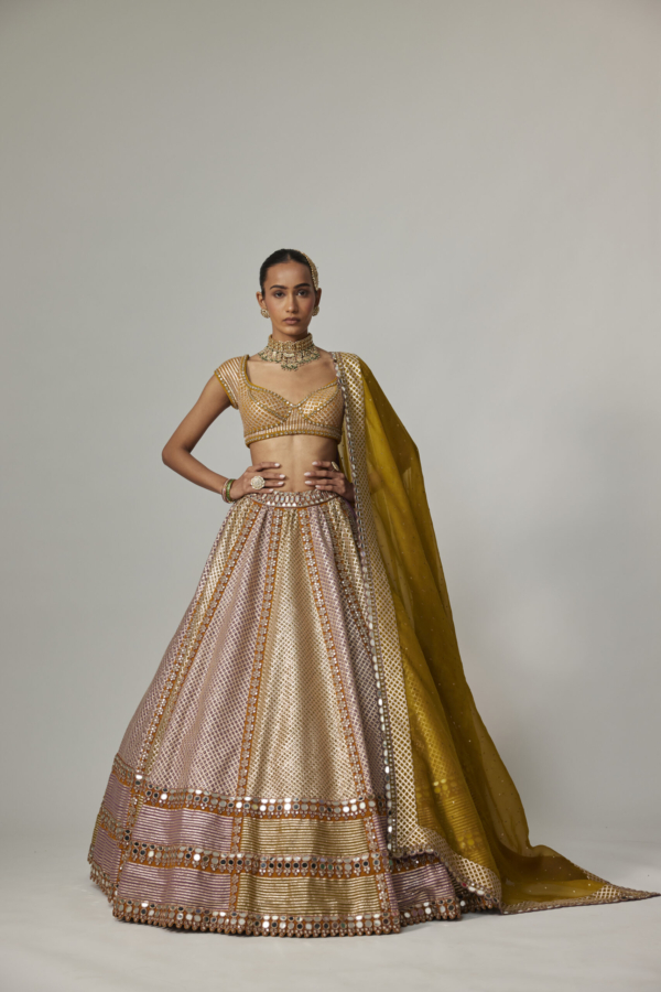 Mustard Multicolour Heavy Metallic Lehenga With Green Dupatta