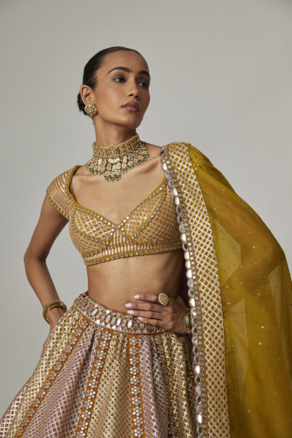 Mustard Multicolour Heavy Metallic Lehenga With Double Dupatta