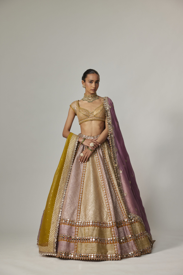 Mustard Multicolour Heavy Metallic Lehenga With Double Dupatta