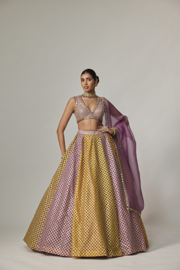 Mustard Multicolour Lehenga with V-neck Blouse And Dupatta