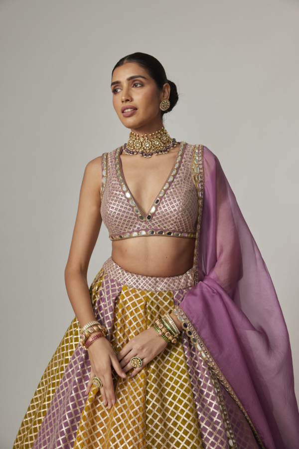 Mustard Multicolour Lehenga with V-neck Blouse And Dupatta