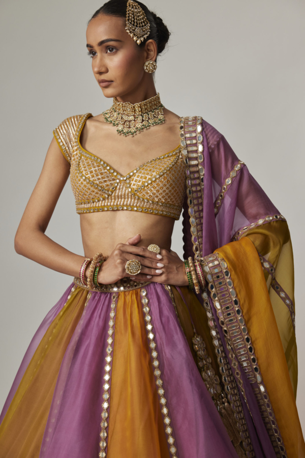 Mustard Multicolour Linear Lehenga With Cap Sleeve Blouse and Dupatta