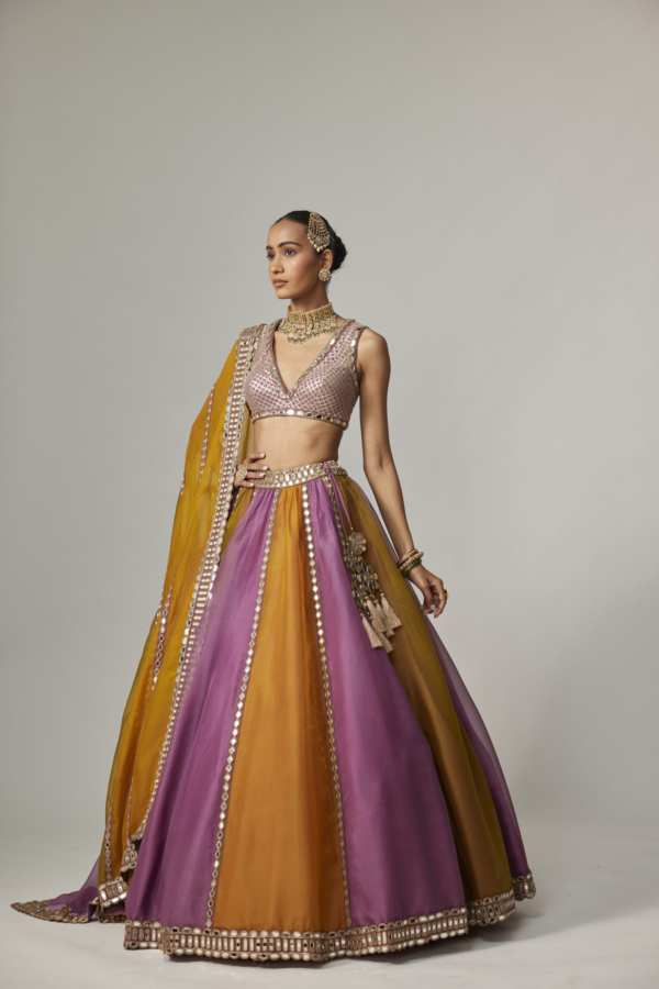 Mustard Multicolour Linear Lehenga and Dupatta With V-neck Blouse