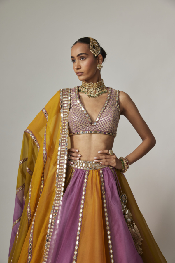 Mustard Multicolour Linear Lehenga and Dupatta With V-neck Blouse