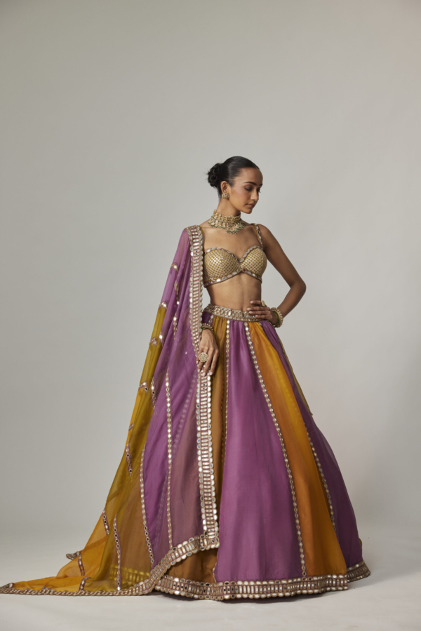 Mustard Multicolour Linear Lehenga With Sweetheart Blouse