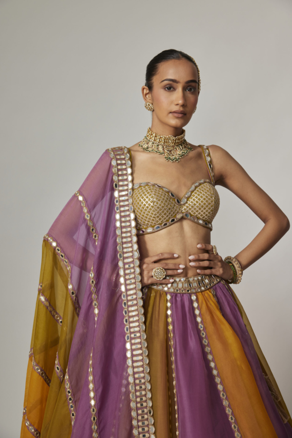 Mustard Multicolour Linear Lehenga With Sweetheart Blouse