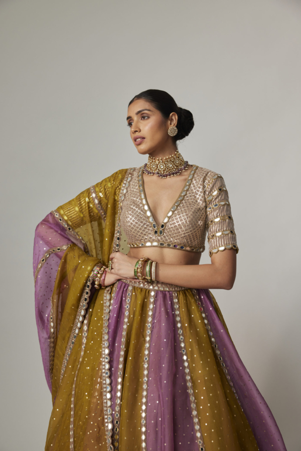 Green Multicolour Sequin Scattered Lehenga With V-Neck Elbow Sleeve Blouse