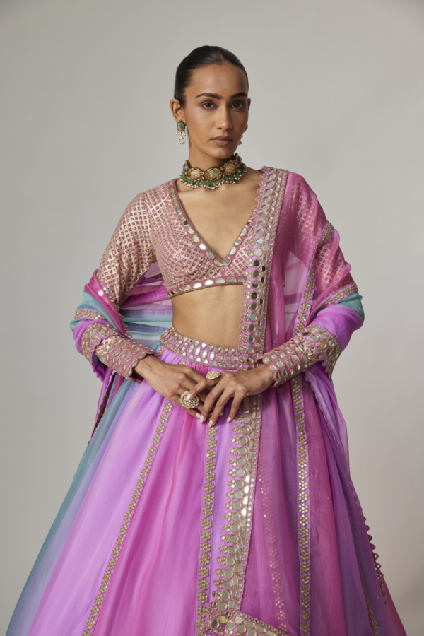 MAUVE MULTICOLOR LINEAR LEHENGA WITH V NECK BLOUSE