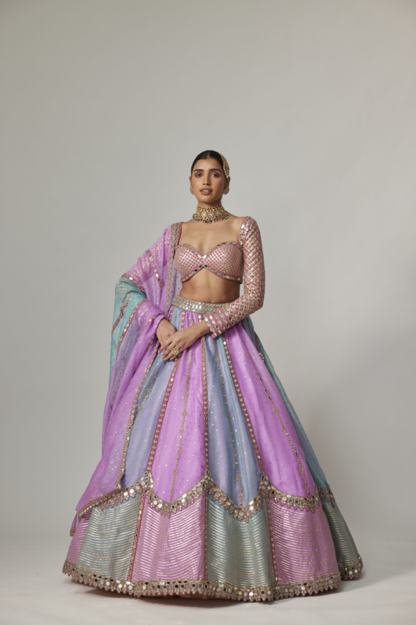 MAUVE MULTICOLOR SEQUIN SCATTERED LEHENGA WITH SWEETHEART FULL SLEEVE BLOUSE