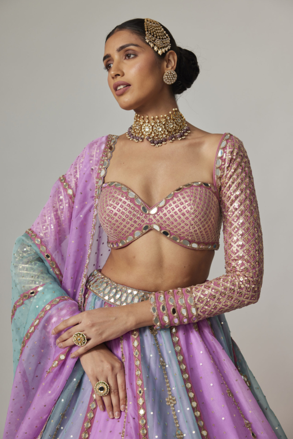 MAUVE MULTICOLOR SEQUIN SCATTERED LEHENGA WITH SWEETHEART FULL SLEEVE BLOUSE