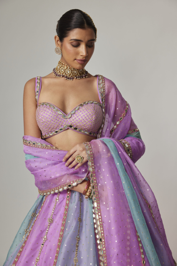 MAUVE MULTICOLOR SEQUIN SCATTERED LEHENGA WITH SWEETHEART NECK BLOUSE