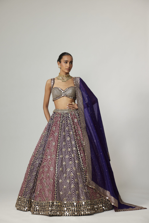 TEAL WINE MULTICOLOR LEHENGA SET WITH DARK PURPLE DUPATTA