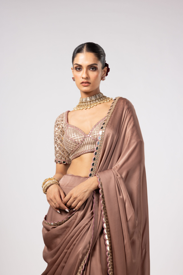 Deep Beige Satin Saree Set