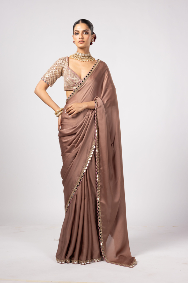 Deep Beige Satin Saree Set