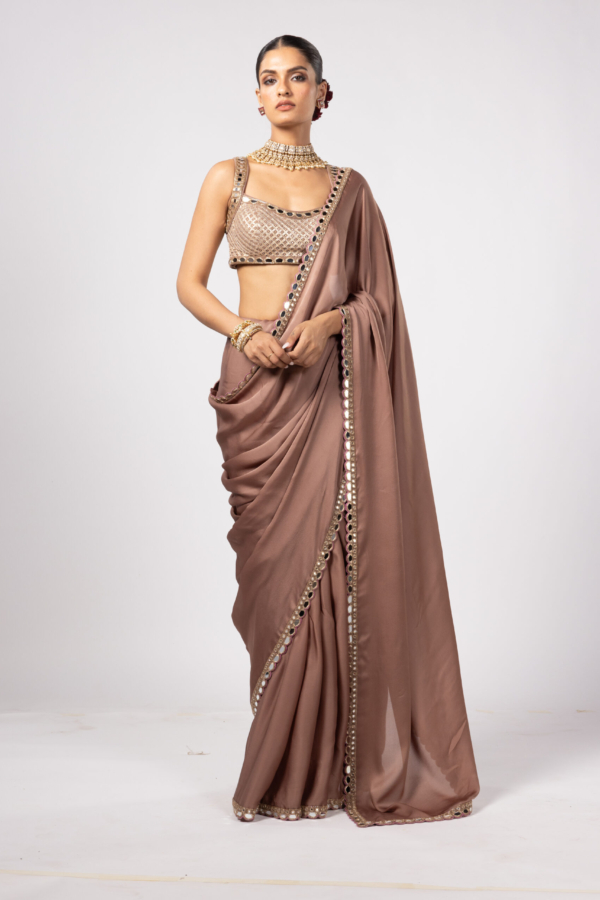DEEP BEIGE SATIN SAREE PAIRED WITH SQUARE NECK BLOUSE