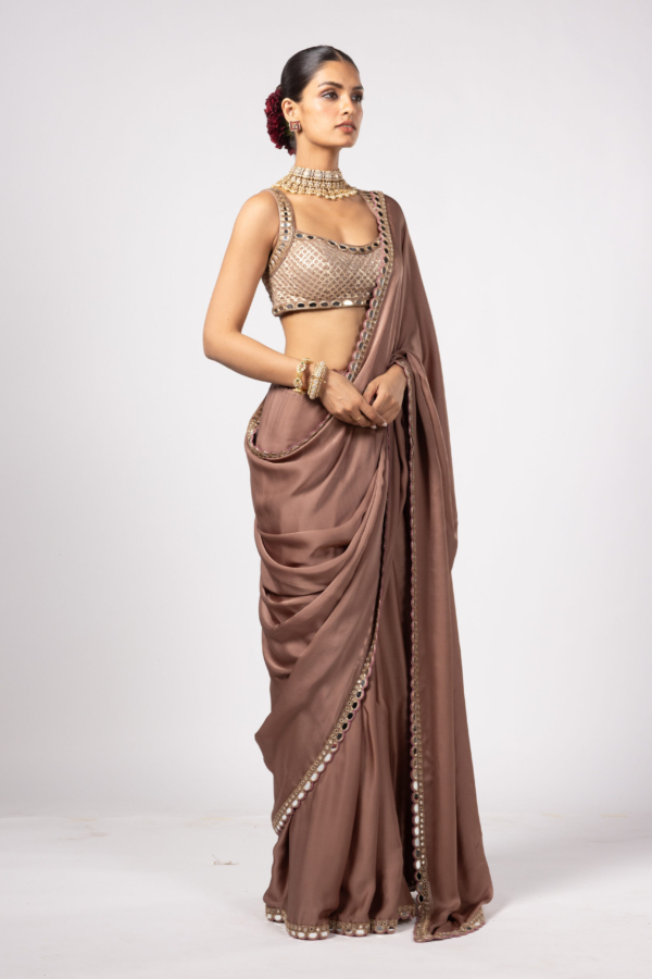 DEEP BEIGE SATIN SAREE PAIRED WITH SQUARE NECK BLOUSE