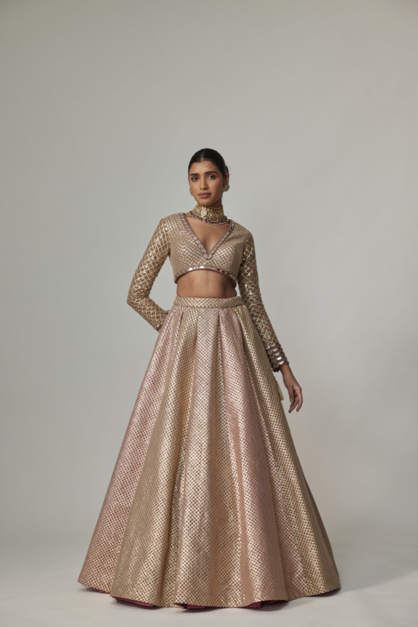 DEEP BEIGE MULTICOLOR V NECK CROP TOP WITH SKIRT