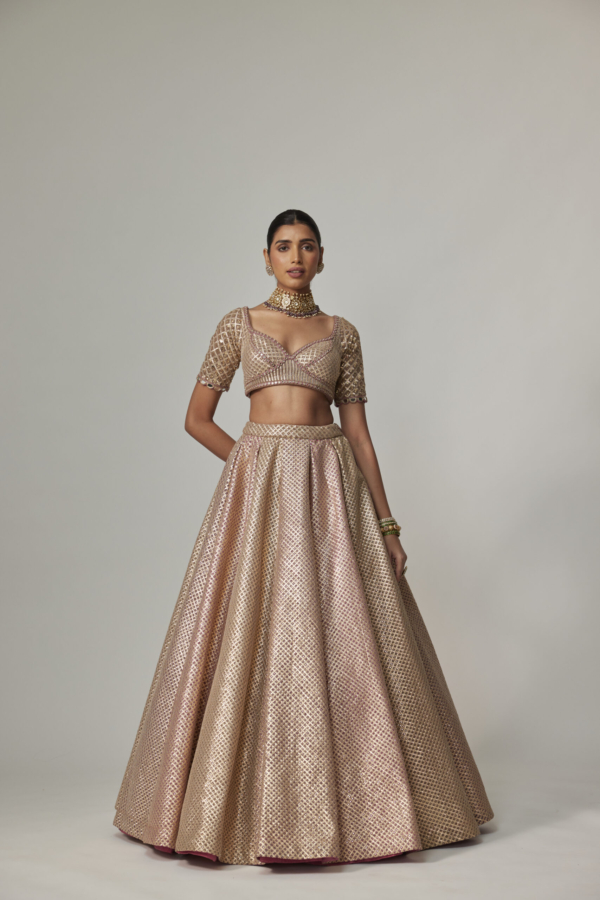 DEEP BEIGE MULTICOLOR METTALIC LEHENGA SET