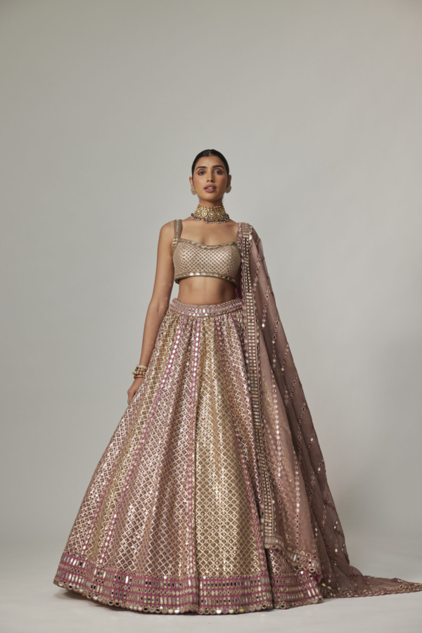 DEEP BEIGE MULTICOLOR METALLIC LEHENGA WITH SQUARE NECK BLOUSE