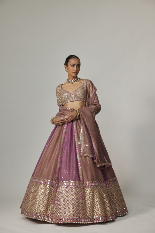 MUD MAUVE MULTICOLOR SEQUIN SCATTERED LEHENGA WITH ELBOW SLEEVE BLOUSE