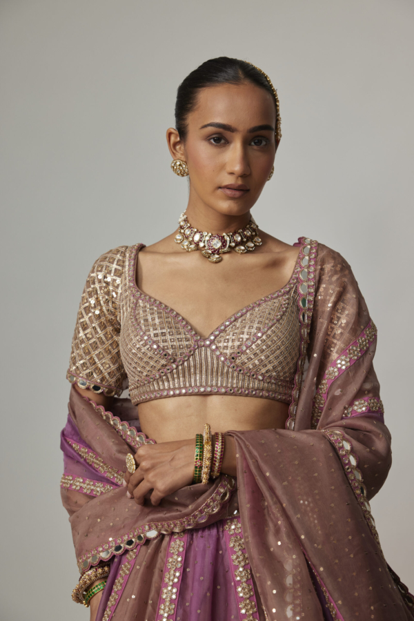 MUD MAUVE MULTICOLOR SEQUIN SCATTERED LEHENGA WITH ELBOW SLEEVE BLOUSE