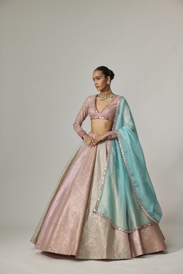 DARK BLUSH MULTICOLOR METALLIC GOTA LEHENGA WITH V NECK BLOUSE AND AQUA DUPATTAA