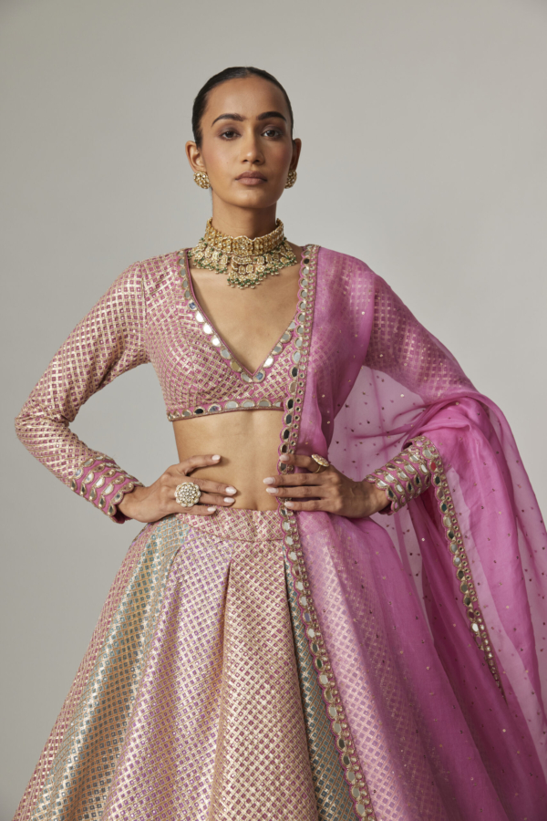 DARK BLUSH MULTICOLOR METALLIC GOTA LEHENGA WITH DARK BLUSH DUPATTA