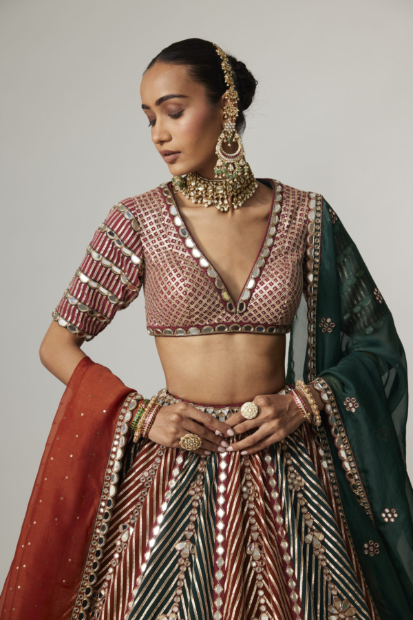 CRANBERRY MULTICOLOR LINEAR FLOWER LEHENGA SET WITH DOUBLE DUPATTA