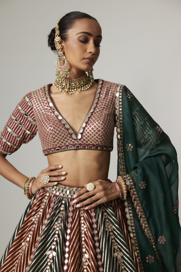 CRANBERRY MULTICOLOR LINEAR FLOWER LEHENGA SET WITH JADE GREEN DUPATTA